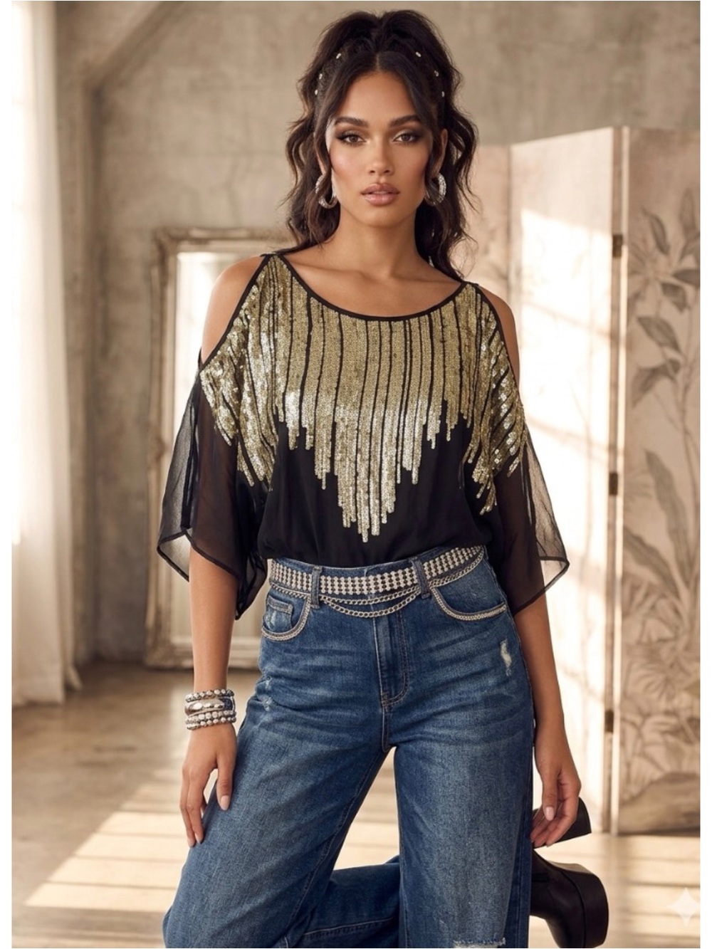 Bebe Y2K Sequin Cold Shoulder Top Black Gold Metallic Chiffon Mob Wife Blouse XS